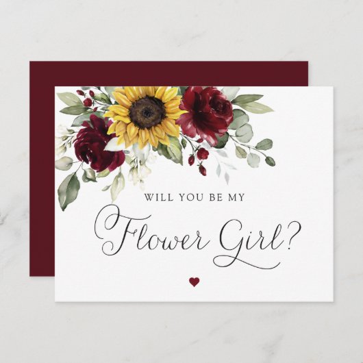 ひまわりバーガンディ緑の花の女結婚の子 招待状 (正面/裏面)