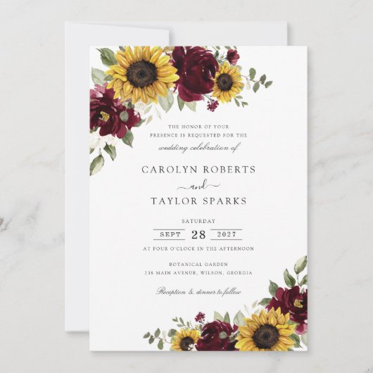 ひまわりバーガンディ花結婚緑 招待状 (正面)