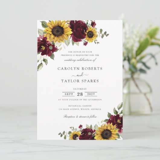 ひまわりバーガンディ花結婚緑 招待状 (スタンド正面)