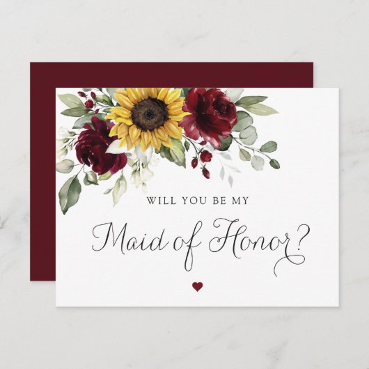 ひまわりバーガン結婚ディメイド・オブ・オーナー（花嫁付き添い人）カード 招待状 (正面/裏面)