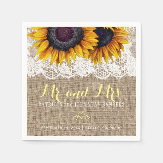 ひまわりバーラップレースmrとrusticの結婚ミセス スタンダードカクテルナプキン (正面)