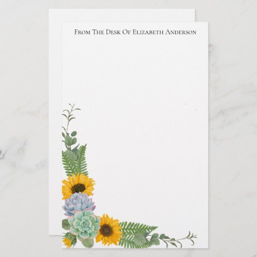 ひまわりパーソナライズされたフローラ緑パーソナル 便箋 (正面/裏面)