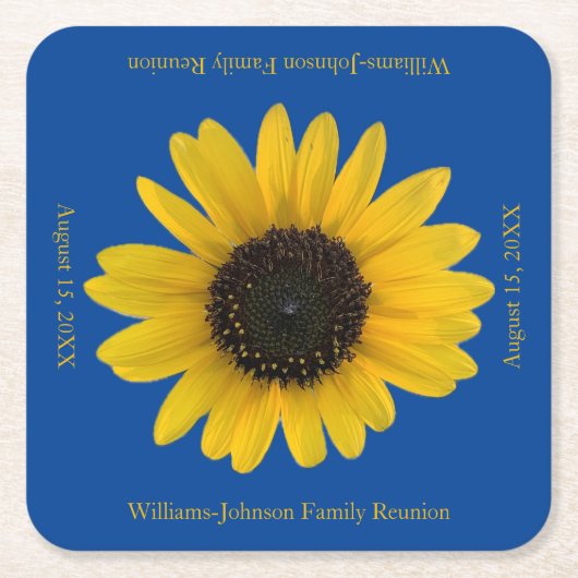 ひまわりパーソナライズされたブルーイベント スクエアペーパーコースター (正面)
