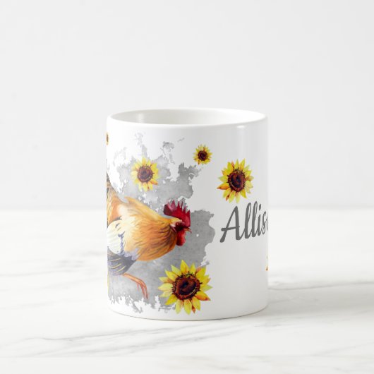 ひまわりパーソナライズされた付き鶏の水彩 コーヒーマグカップ (中央)