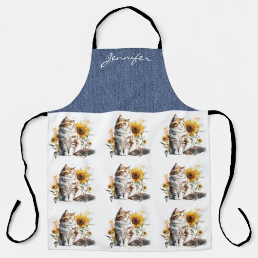 ひまわりパーソナライズされた猫オールオーバープリントエプロン エプロン (正面)