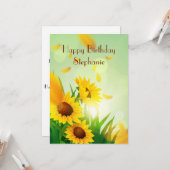 ひまわりパーソナライズされた車のためのハッピーバースデー カード (正面/裏面インサイチュ)