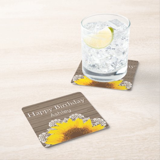 ひまわりパーソナライズされた、レース、木 スクエアペーパーコースター (インサイチュ)