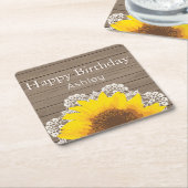 ひまわりパーソナライズされた、レース、木 スクエアペーパーコースター (アングル)