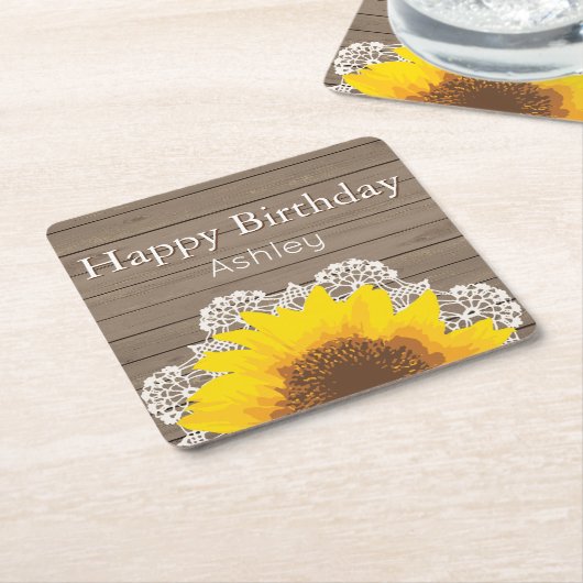 ひまわりパーソナライズされた、レース、木 スクエアペーパーコースター (アングル)