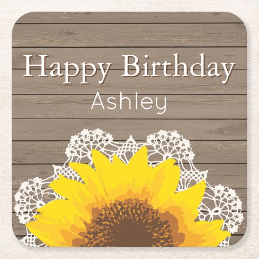 ひまわりパーソナライズされた、レース、木 スクエアペーパーコースター (正面)