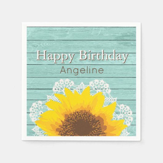 ひまわりパーソナライズされた、レース、木 スタンダードカクテルナプキン (正面)