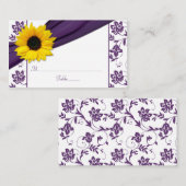 ひまわりパープルダマスク結婚フローラ座席表 プレイスカード (正面/裏面)