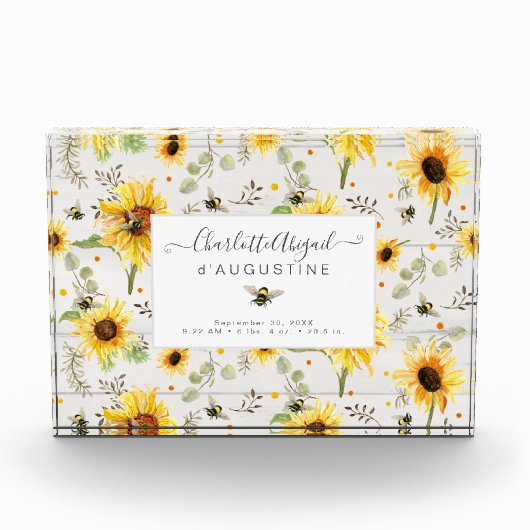 ひまわりビー素朴ウッドイエロー誕生統計ベビー フォトブロック (正面)