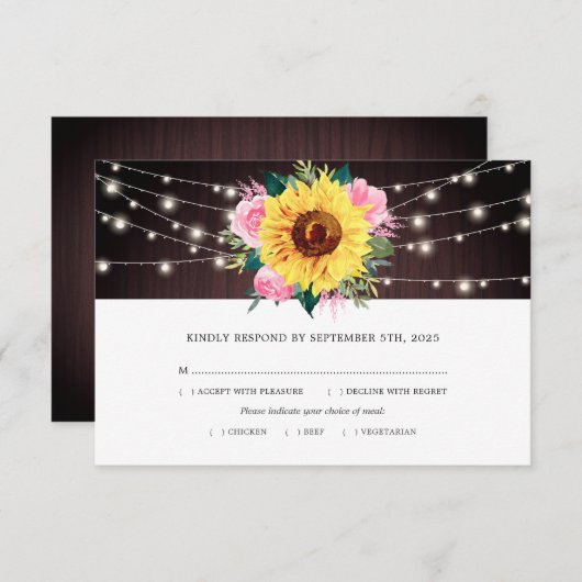 ひまわりピンクのバラが木の結婚食事を点灯 出欠カード (正面/裏面)