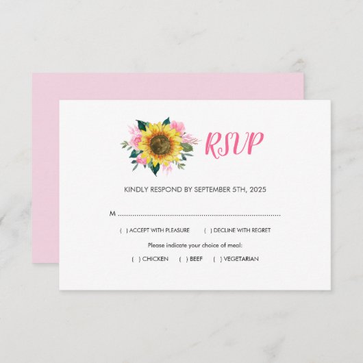 ひまわりピンクのバラフローラ結婚の食事 出欠カード (正面/裏面)