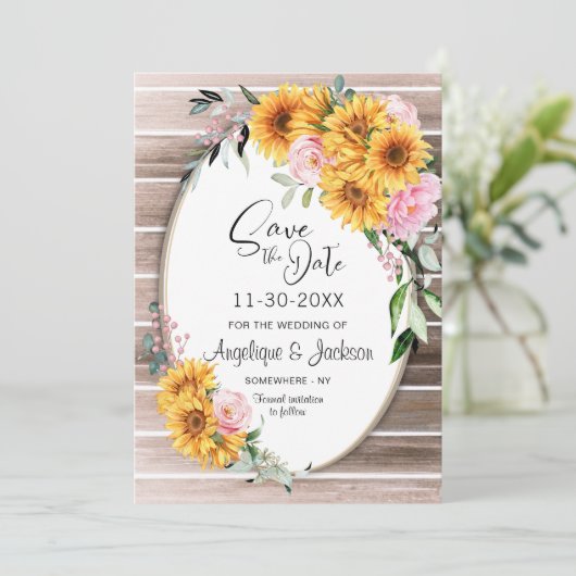 ひまわりピンクのバラ結婚楕円形 セーブザデート (スタンド正面)