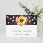 ひまわりピンクのフローラの瓶ライトウッド結婚の食事 出欠カード (スタンド正面)