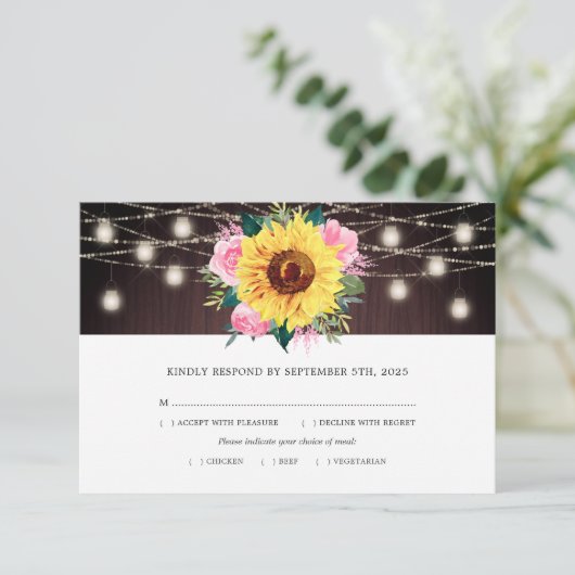 ひまわりピンクのフローラの瓶ライトウッド結婚の食事 出欠カード (スタンド正面)