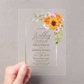 ひまわりピンクのローズフローラウェディングレセプション アクリル招待状 (インサイチュ (ポータブル))