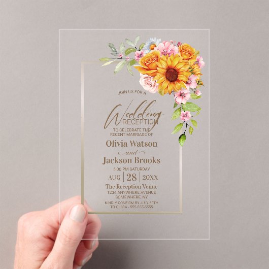 ひまわりピンクのローズフローラウェディングレセプション アクリル招待状 (インサイチュ (ポータブル))
