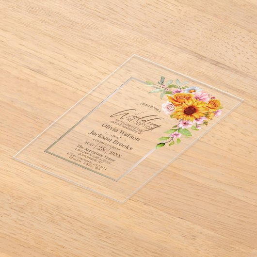 ひまわりピンクのローズフローラウェディングレセプション アクリル招待状 (レイダウン)