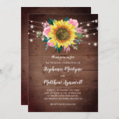 ひまわりピンクのローズフローラライトウッド結婚ズ 招待状 (正面/裏面)