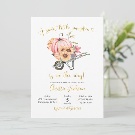 ひまわりピンクカボチャ赤ちゃんシャワー招待状 招待状 (スタンド正面)