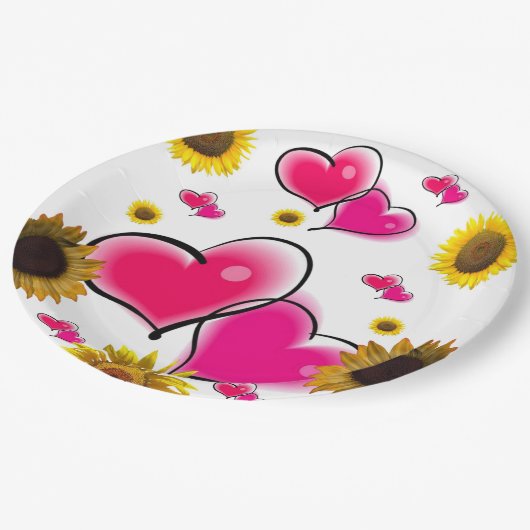 ひまわりピンクハート紙プレート ペーパープレート (アングル)