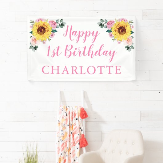 ひまわりピンクパーソナライズされたフローラ1歳 横断幕 (インサイチュ)