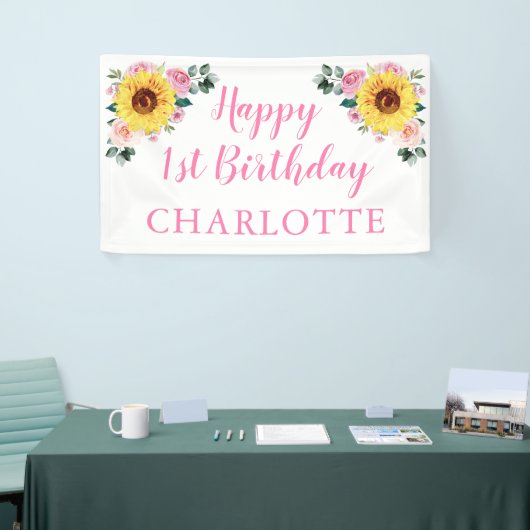 ひまわりピンクパーソナライズされたフローラ1歳 横断幕 (トレードショー)