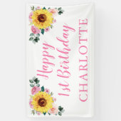 ひまわりピンクパーソナライズされたフローラ1歳 横断幕 (縦)