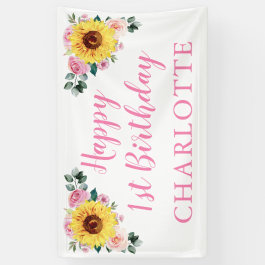 ひまわりピンクパーソナライズされたフローラ1歳 横断幕 (縦)