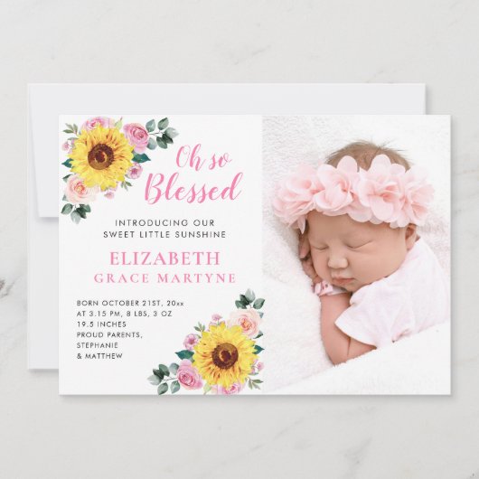 ひまわりピンクフローラベビーガール誕生 案内状 (正面)
