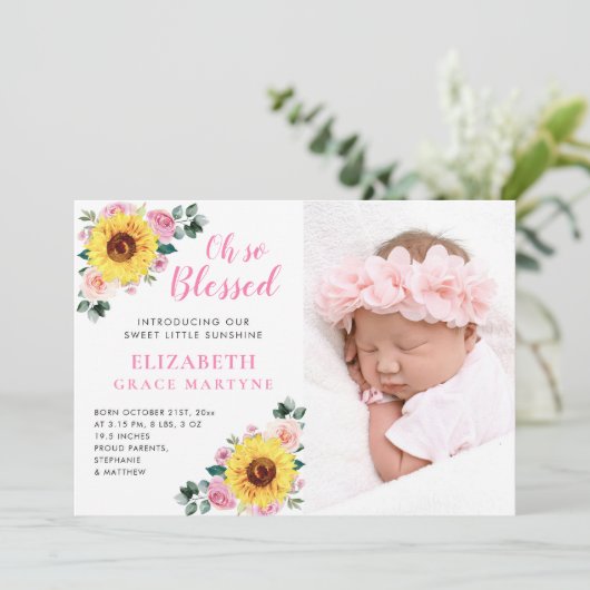 ひまわりピンクフローラベビーガール誕生 案内状 (スタンド正面)