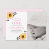 ひまわりピンクフローラ1stバースデーフォトパーティー 招待状 (正面/裏面)