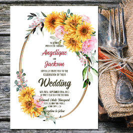 ひまわりピンクローズフローラ結婚楕円 招待状