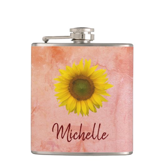 ひまわりピンク大理石レッドスクリプトタイポグラフィフラスコ フラスク (正面)