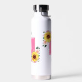 ひまわりピンク植物水色モノグラムの ウォーターボトル (左面)