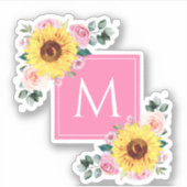 ひまわりピンク植物水色モノグラムの シール (正面)