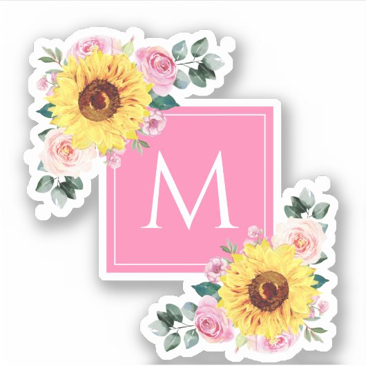 ひまわりピンク植物水色モノグラムの シール (正面)