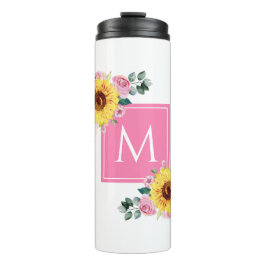 ひまわりピンク植物水色モノグラムの タンブラー