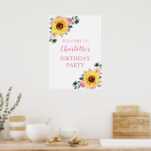 ひまわりピンク水彩フローラ誕生日パーティー ポスター (キッチン)