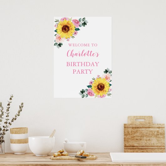 ひまわりピンク水彩フローラ誕生日パーティー ポスター (キッチン)