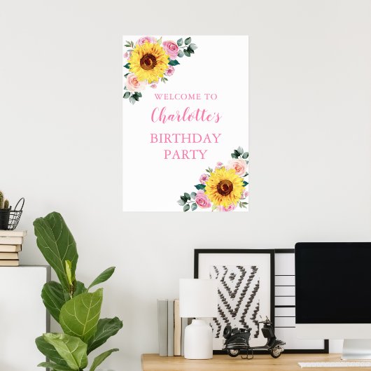 ひまわりピンク水彩フローラ誕生日パーティー ポスター (ホームオフィス)