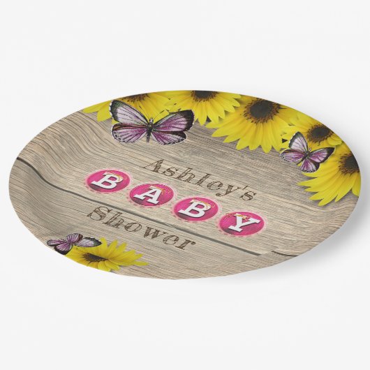 ひまわりピンク蝶の赤ちゃんシャワー ペーパープレート (アングル)