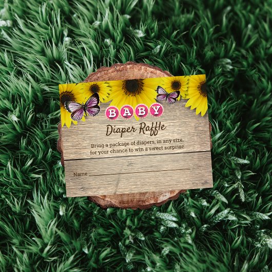 ひまわりピンク蝶ベビーシャワーおむつラッフル エンクロージャーカード
