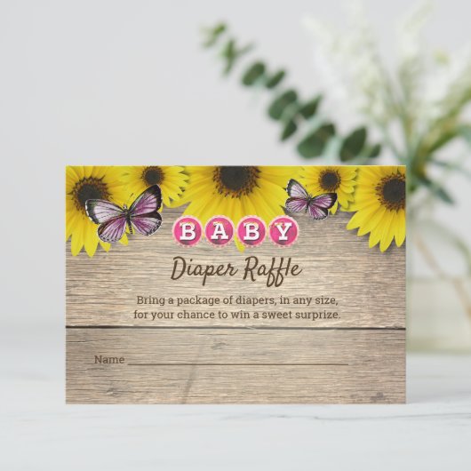 ひまわりピンク蝶ベビーシャワーおむつラッフル エンクロージャーカード (スタンド正面)