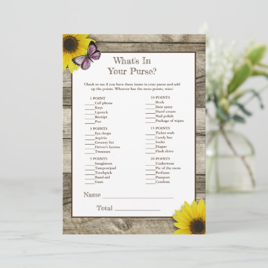 ひまわりピンク財布の赤ちゃんシャワーの中にあるものを 招待状 (スタンド正面)