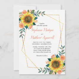 ひまわりピーチモダンバラ幾何結婚の 招待状
