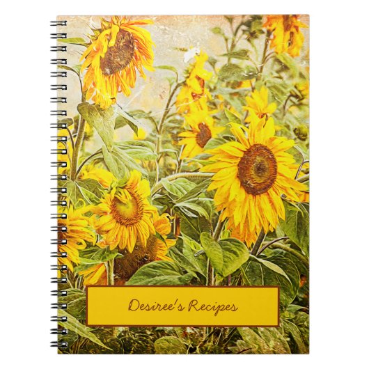 ひまわりフィールドイエローグリーン素朴ヴィンテージレシピ ノートブック (正面)